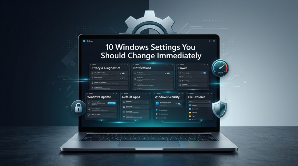Windows Settings screen showing privacy, security, power, and performance options