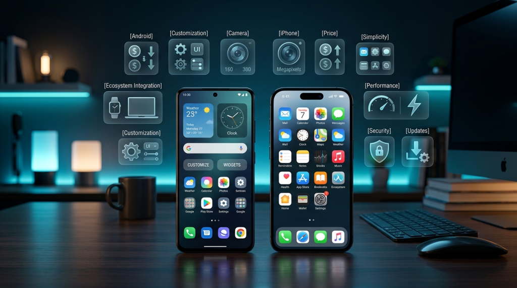 Android phone and iPhone side by side with floating icons comparing customization, camera, price, security, and updates