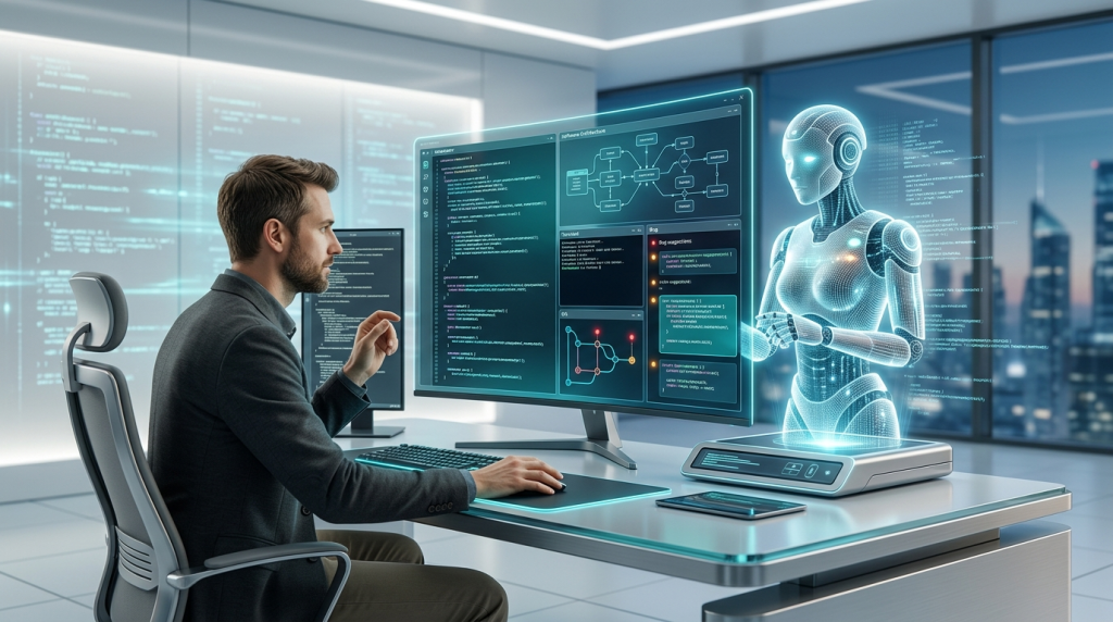 AI coding assistant working alongside a human programmer in 2026