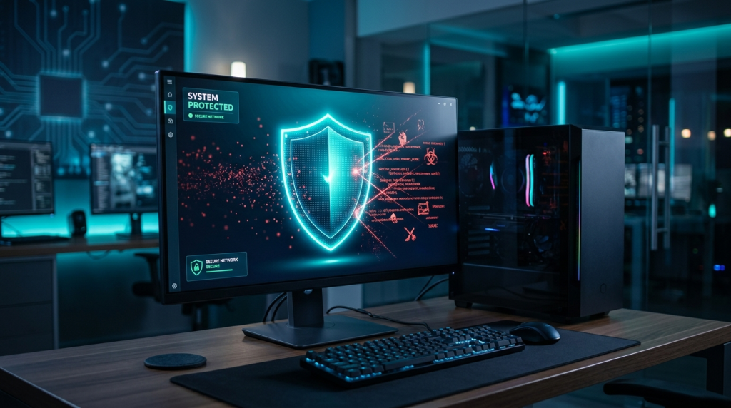 Desktop computer monitor displaying a glowing shield with System Protected status, deflecting incoming cyber threats
