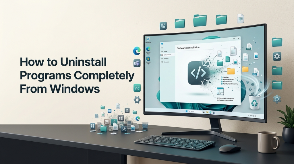 Windows PC showing software being completely uninstalled and leftover files being removed