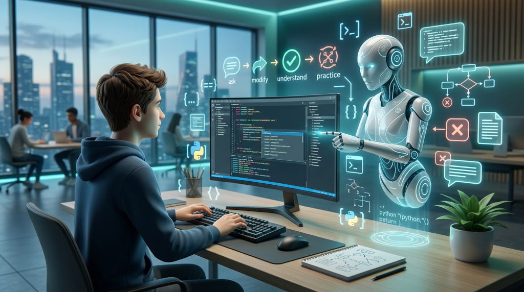 Student learning programming with an AI coding assistant