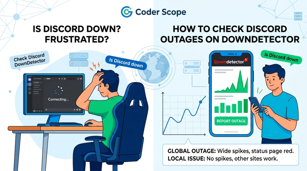 A side-by-side illustration showing a frustrated user stuck on a Discord connecting screen alongside a smartphone displaying a Downdetector outage graph spike