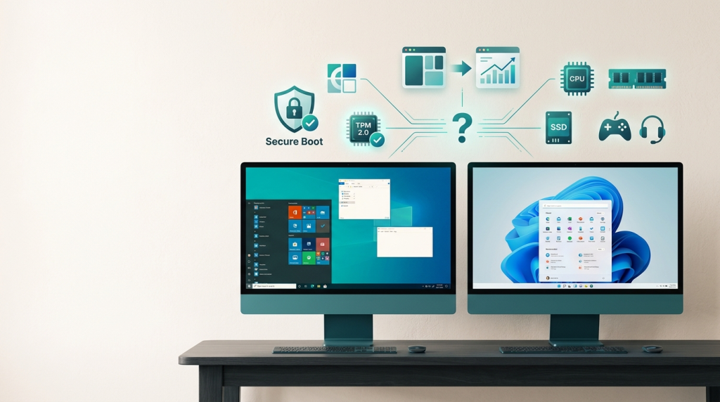 Side-by-side comparison of Windows 11 and Windows 10 interfaces on two computer screens